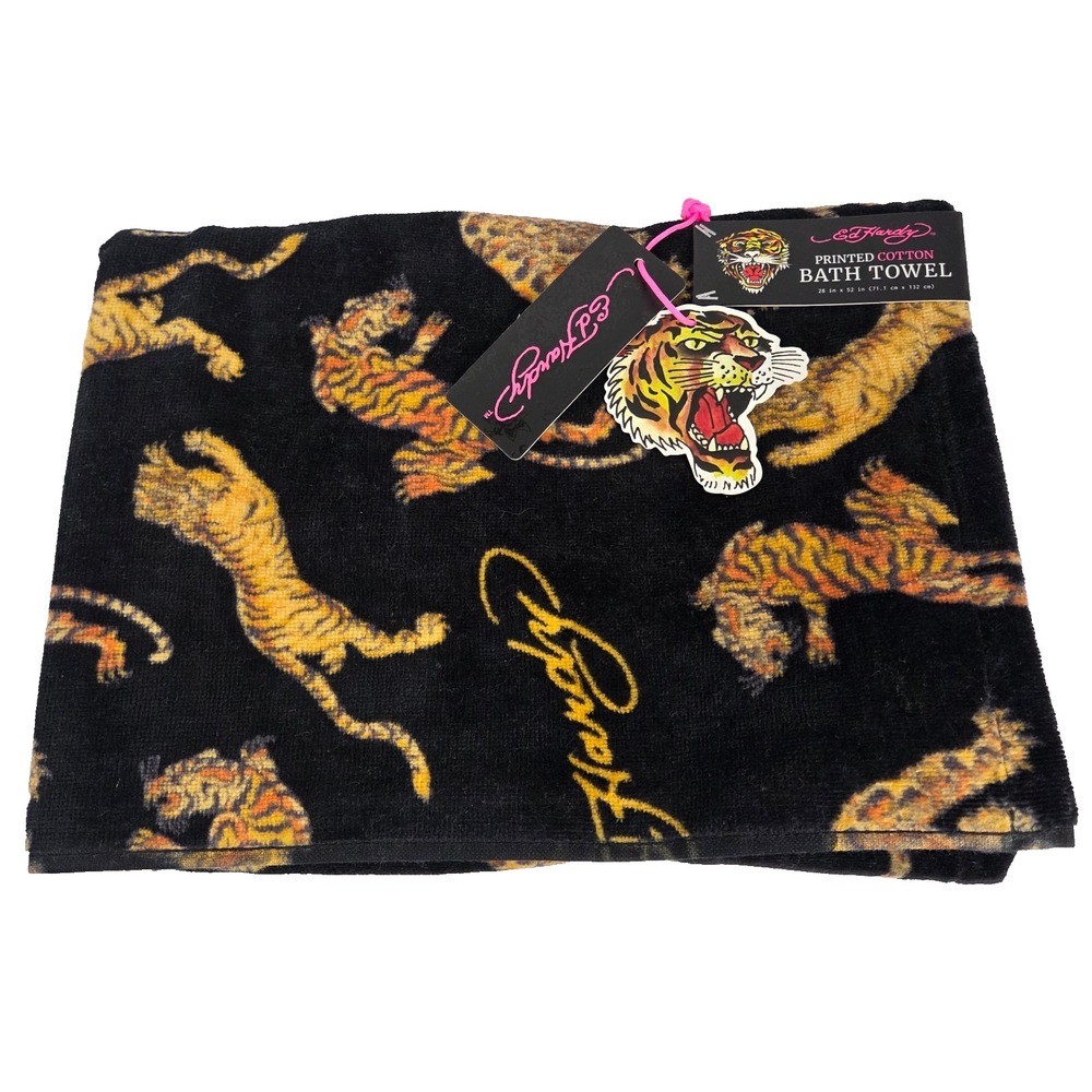 Ed Hardy Bath Towel 28 x 52 Black Tiger Tattoo Printed Cotton New